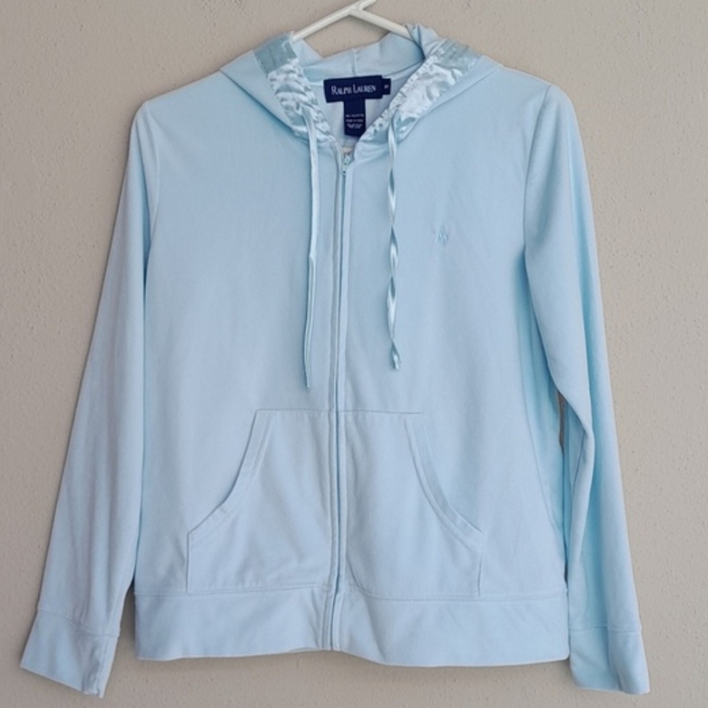 Ralph Lauren Sport Hoodie Womens Zip Up Velour Sweatshirt Preppy Casual